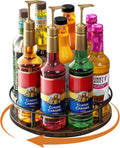 Nuovoware 9 Bottles Rotating Coffee Syrup Rack, Brown+Black | Carbon Steel Frame, Wooden Base Bottle Holder, for Coffee Flavored Syrups Table Top Thermos Liquor