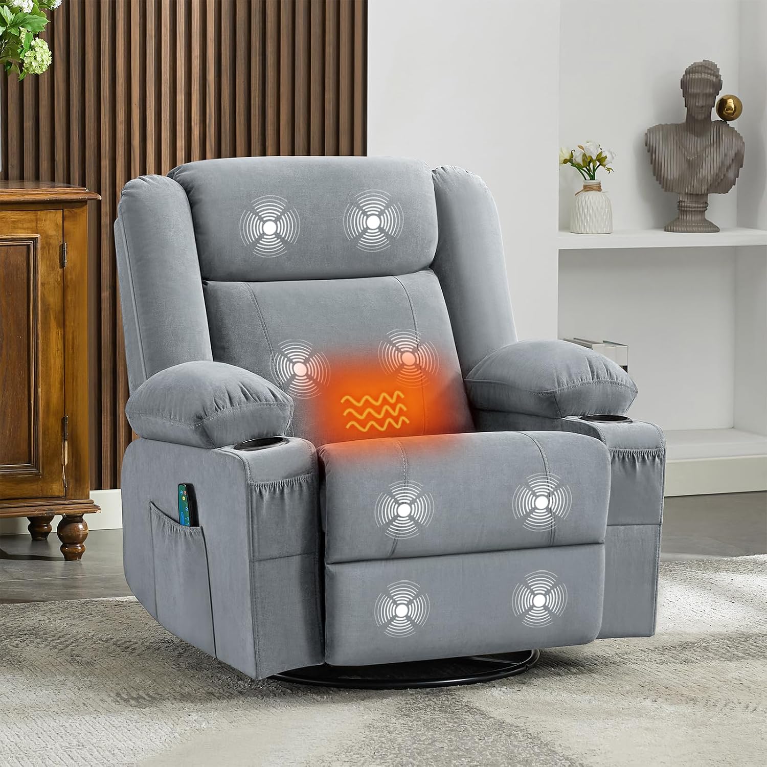 Swivel Rocker Recliner Chair with Heat and 8-Point Massage, Extra Wide Manual Lounge Sofa for Adults, Overstuffed Living Room Chair with 2 Cup Holders 4 Pockets & Remote (-Grey)