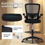 Drafting Chair Tall Office Chair Mid-Back Mesh Ergonomic Computer Chair High Adjustable Standing Desk Chair with Lumbar Support Adjustable Foot Ring and Flip-Up Arms (Black)