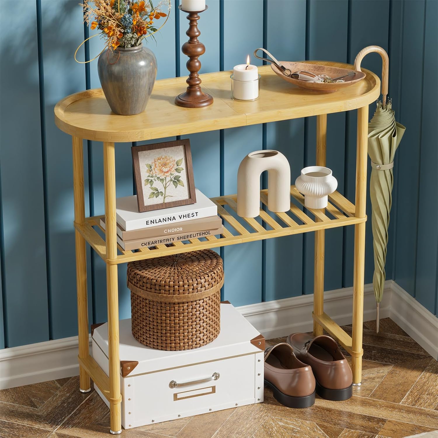 Small Entryway Table Bamboo 30.7", Narrow Hallway Table Oval Top 2-tier, Slim Console Table with Anti-fall Edge, Sofa Side Table 5min Easy Assembly, Small TV Stand for Bedroom, Indoor Plant Stand