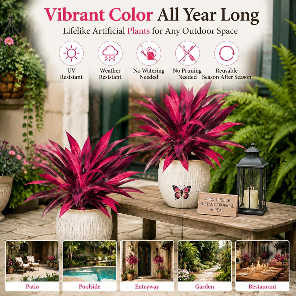 Large Realistic Artificial Boston Fern & Dragon's Blood Tree Artificial Turf UV Resistant Red Fern Ti Plants Vibrant Pink & Purple Faux Foliage Faux Fake Ferns Shrubs Outdoor Garden Decor
