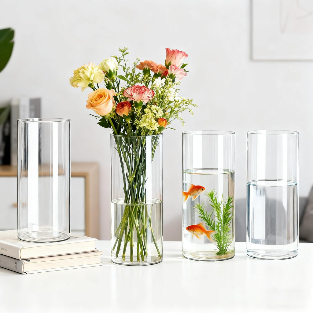 4 Pack Acrylic Cylinder Vases for Centerpieces, 8 inch Tall Clear Flower Vase, Unbreakable Vases,Hurricane Candle Holders Floating Candle Vase for Wedding Dinner Table Party Living Room Decor