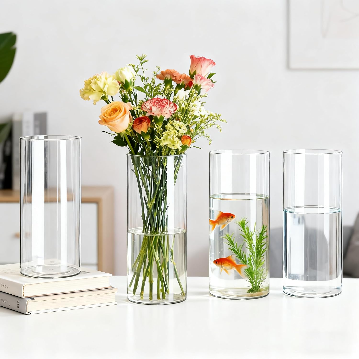 4 Pack Acrylic Cylinder Vases for Centerpieces, 8 inch Tall Clear Flower Vase, Unbreakable Vases,Hurricane Candle Holders Floating Candle Vase for Wedding Dinner Table Party Living Room Decor