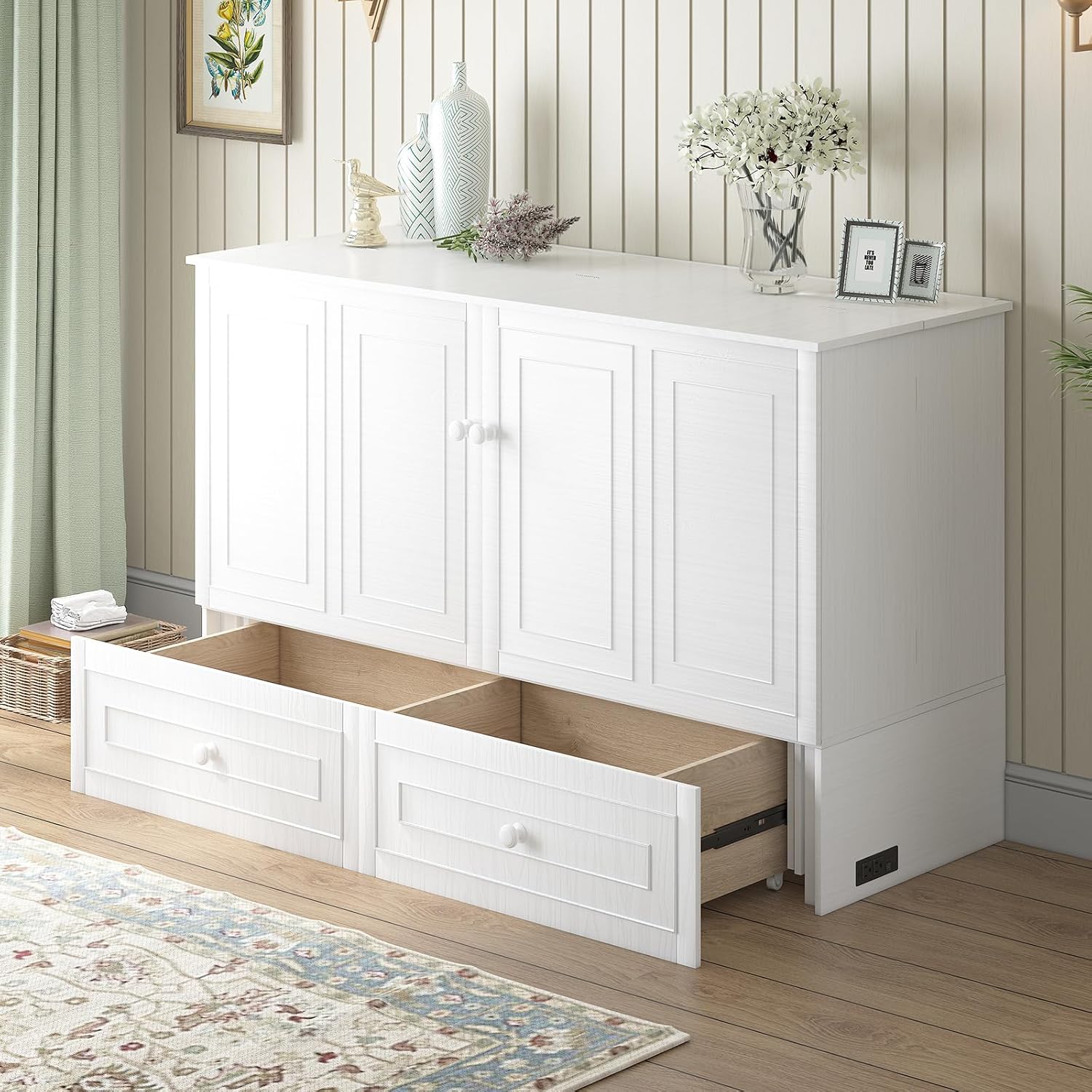 BALUS Queen Murphy Bed with Tri-Fold Memory Foam Mattress, Built-in USB Charging Station, Modern Wall Bed Cabinet with Storage Drawers, Murphy Chest Cube Guest Beds for Living Room Apartment, White