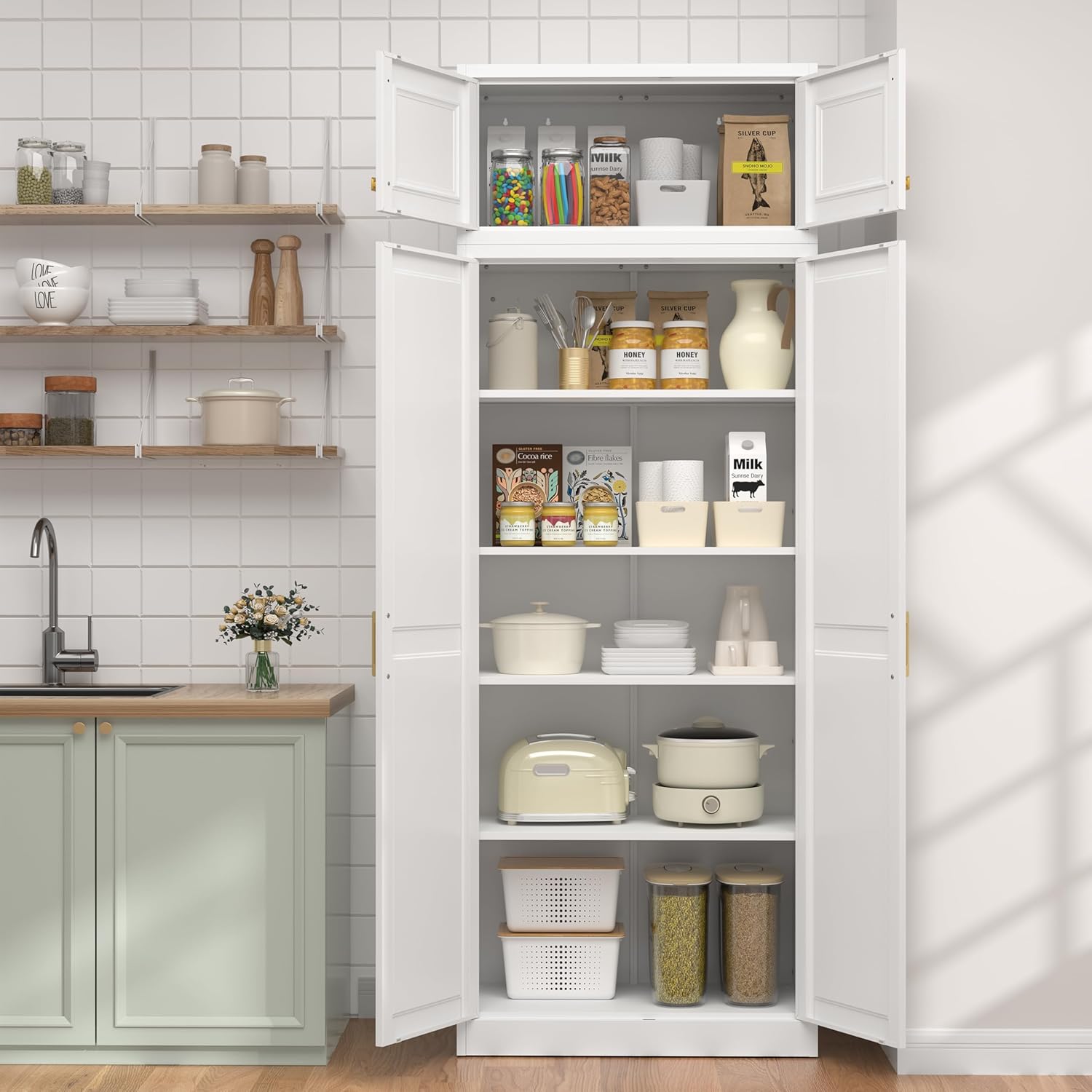 UNICOLY 86.61" H Kitchen Pantry Cabinet, Tall Storage Cabinet with Doors and 4 Shelves, Metal Storage Cabinets for Kitchens, Living Room, Dinning Room, Assembly Required, White
