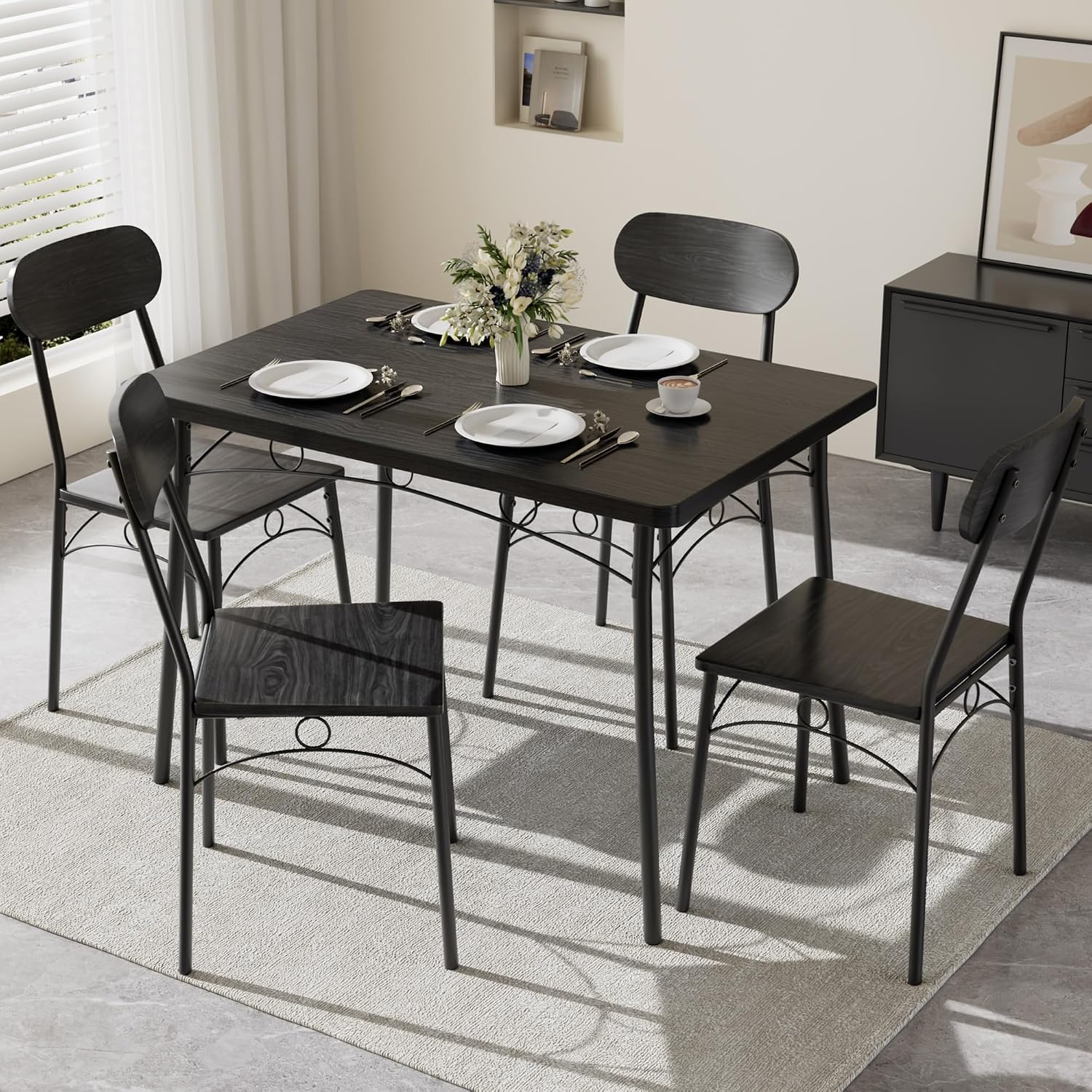 VECELO Dining Table Set for 4, 5-Piece Kitchen Table with 4 Chairs, MDF Board Tabletop with Metal Frame for Small Space, Compact Dinette, Breakfast Nook, Matte Black