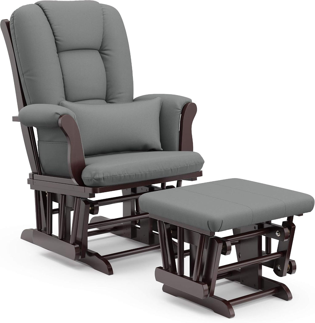 Storkcraft Tuscany Glider and Ottoman with Lumbar Pillow, Espresso/Gray | GREENGUARD Gold Certified, Bonus Lumbar Cushion Included, Solid Wood Base, Smooth Motion, Award-Winning Nursery Rocking Chair