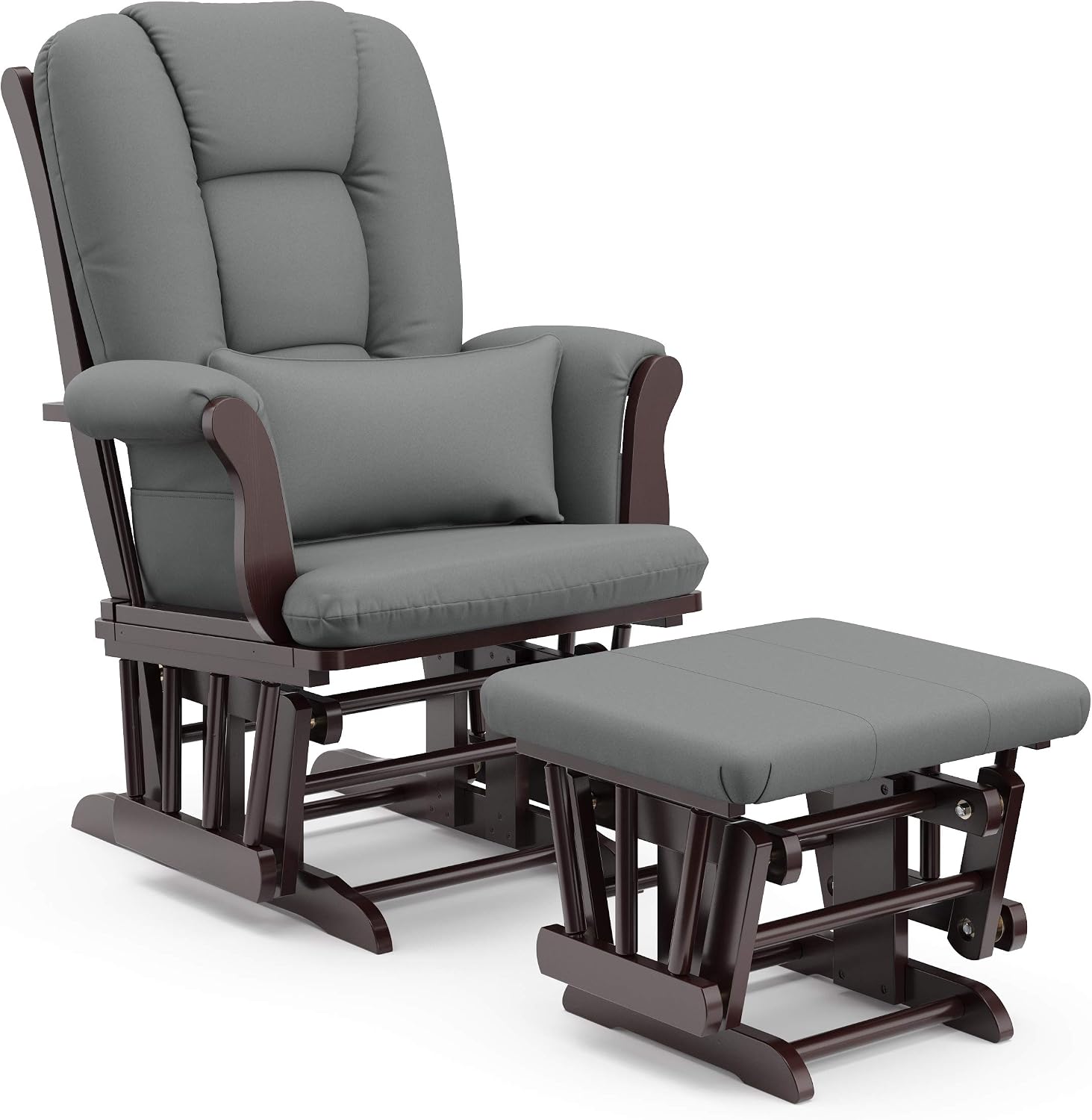 Storkcraft Tuscany Glider and Ottoman with Lumbar Pillow, Espresso/Gray | GREENGUARD Gold Certified, Bonus Lumbar Cushion Included, Solid Wood Base, Smooth Motion, Award-Winning Nursery Rocking Chair