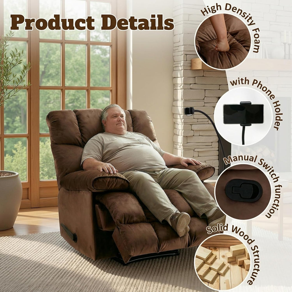 Manual Adjustable Oversized Recliner Chair with Phone Holder, Extra Large Recliner for Heavy Duty Adults 400lbs, Big Man Recliners for Living Room, Nursery, RV