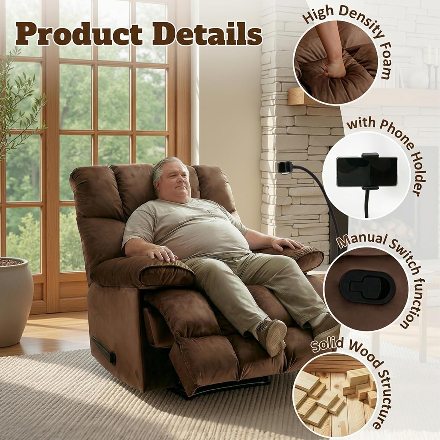 Manual Adjustable Oversized Recliner Chair with Phone Holder, Extra Large Recliner for Heavy Duty Adults 400lbs, Big Man Recliners for Living Room, Nursery, RV