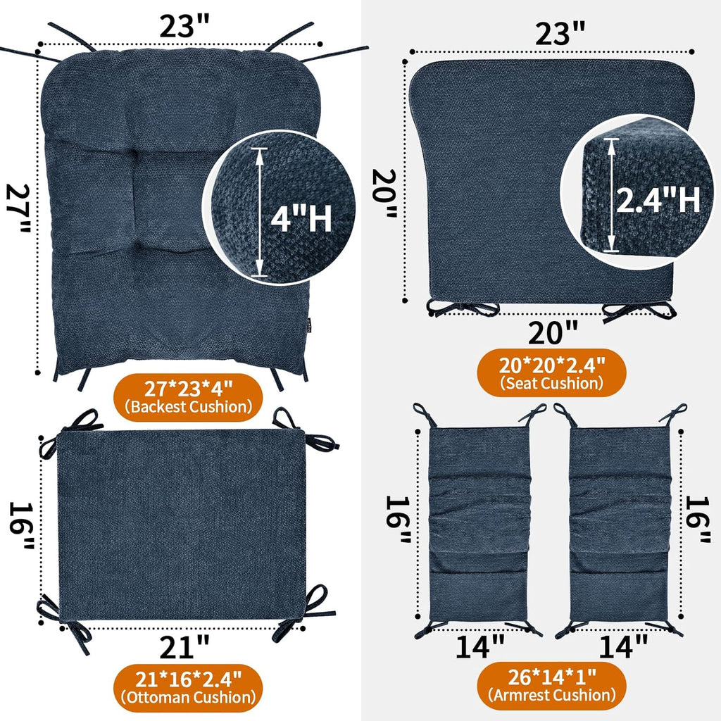 5 PCS Glider Rocker Replacement Cushions with Storage Side Pocket, Luxuriy Chenille Fabric Foam & Microfiber Filling, Thickened & Supportive Rocking Chair Cushion Set, Dark Blue