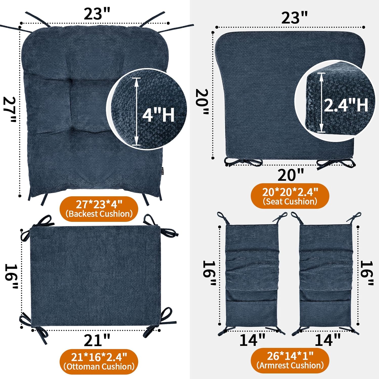 5 PCS Glider Rocker Replacement Cushions with Storage Side Pocket, Luxuriy Chenille Fabric Foam & Microfiber Filling, Thickened & Supportive Rocking Chair Cushion Set, Dark Blue