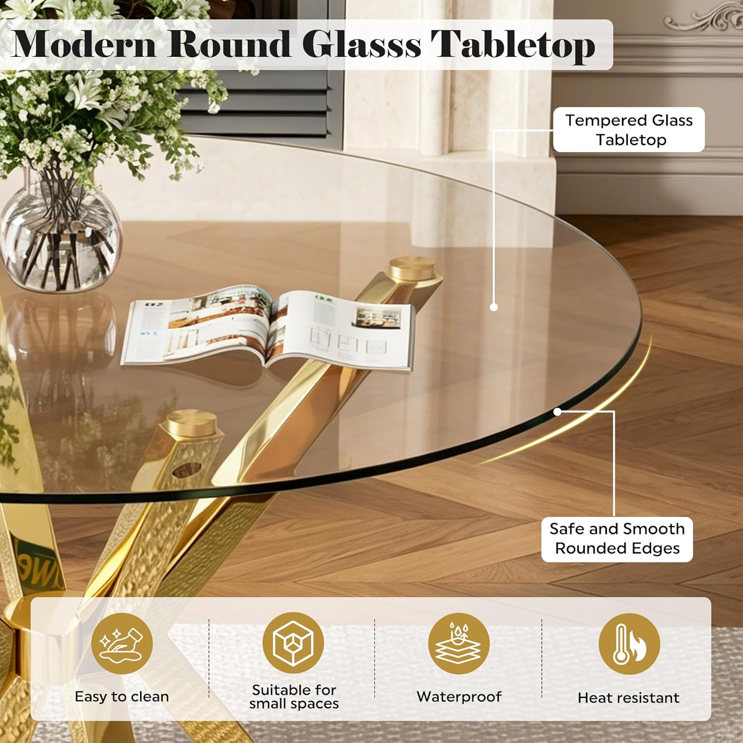 Baysitone Modern 5-Piece Dining Set with 36" Round Glass Table & 4 Woven Velvet Upholstered Dining Chairs, Gold Metal Table Legs, Kitchen & Dining Room Furniture for Small Spaces(Gray&Gold)