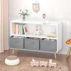 Kids Bookcase, Multi Shelf Cubby with 3 Collapsible Fabric Drawers, 3-in-1 Toy Storage Cabinet Organizer, Wooden Kids Book Display for Bedroom, Nursery, Playroom, White+Gray