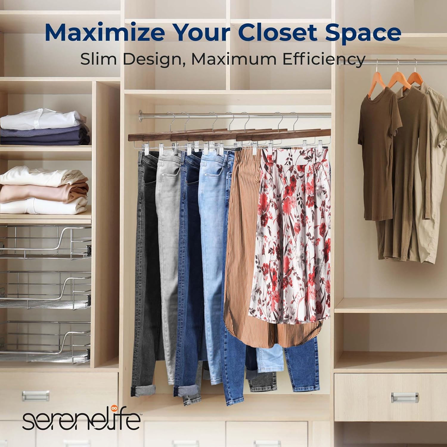 SereneLife Wooden Pants Hangers, 30-Pack Hangers with Adjustable Clips and Anti-Rust Swivel Hook, Space-Saving Pant Organizer for Closet, Ideal for Jeans, Slacks, Shorts, Trousers, Skirts (Retro)