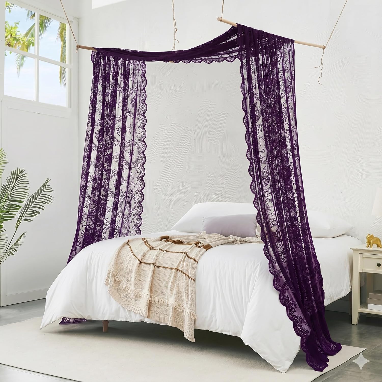 55 x 144 Inch Purple Lace Canopy Bed Curtains are Perfect for Twin Bed Canopy to Create Light Bedroom Decor, Gothic Bedroom Decor or Halloween Room Decorations. LEC Purple Canopy 144