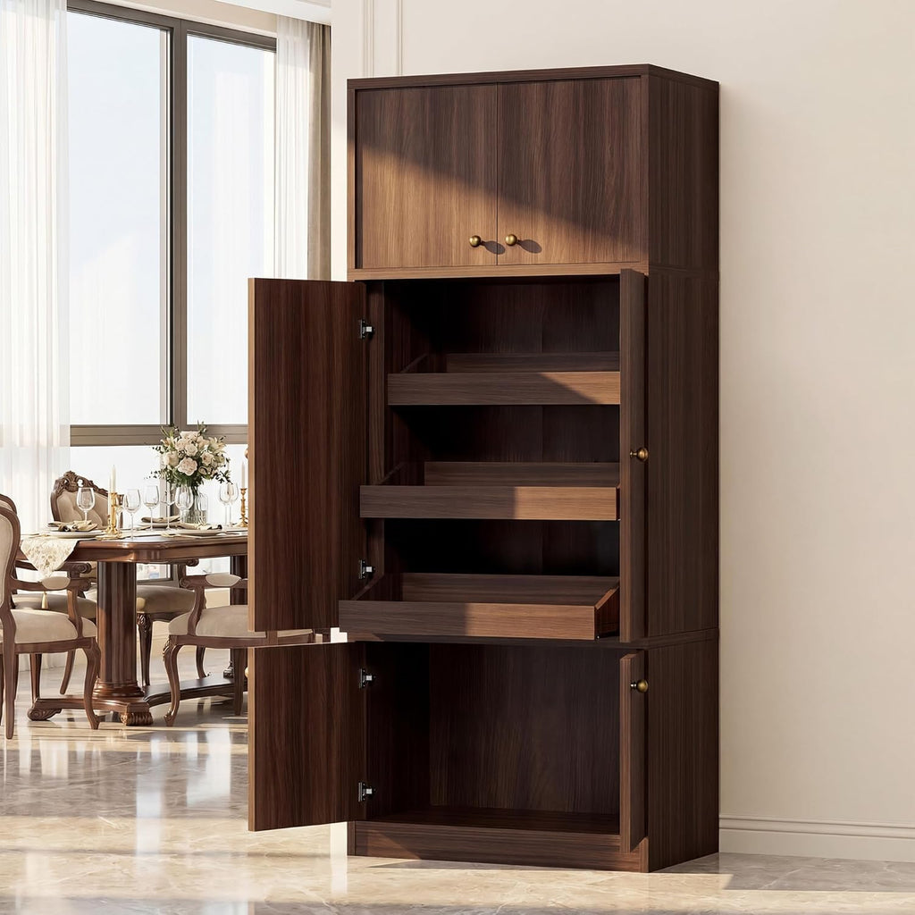 71" Tall Kitchen Pantry Cabinet - Walnut Wood Storage Cabinet with 6 Doors and Adjustable Shelves, Freestanding Kitchen Storage Cabinets with Open Drawers for Kitchen Dining Room Living Room