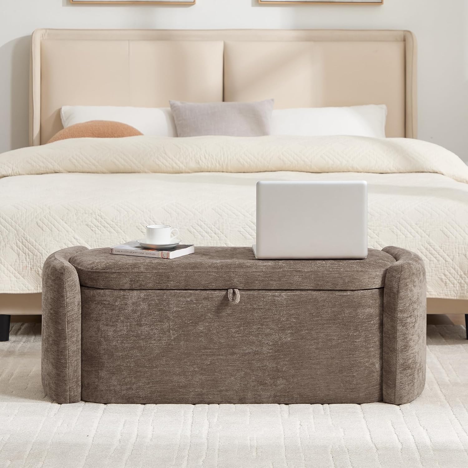 Oval Storage Ottoman Bench, 45" Upholstered Chenille End of Bed Bench Ottomans Bench, Storage Ottoman Foot Rest, Living Room and Hallway, Light Brown