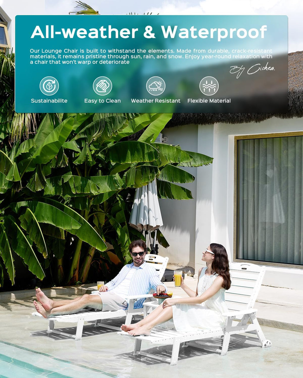 Ciokea Lounge Chair Outdoor Set of 4, Oversized Chaise Lounge Chair with 5 Positions, HDPE, Patio Lounge Chairs with Wheels & Cup Holder for Lawn, Pool, Deck, Poolside, White