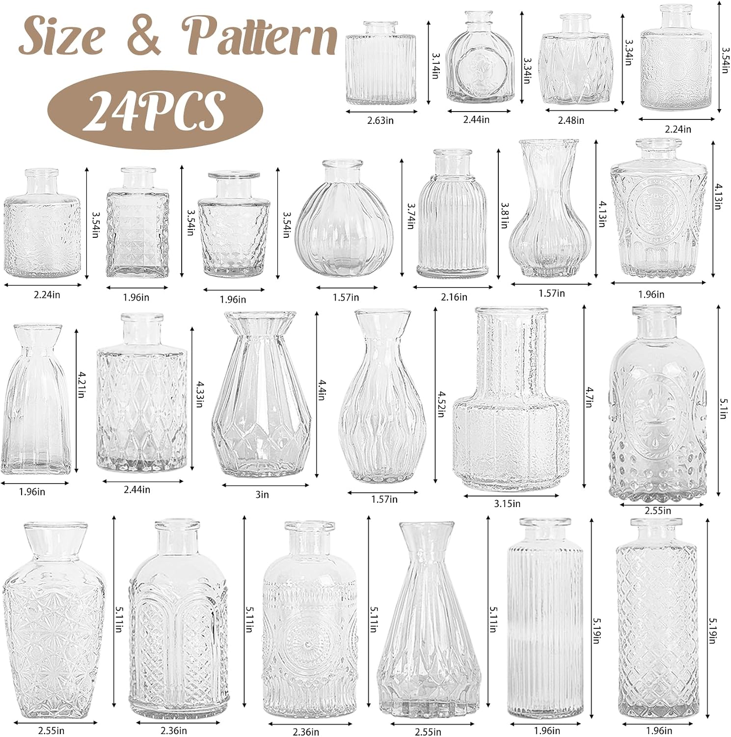 24Pcs Glass Bud Vase Set,Small Flower Vase for Tables Centerpieces Decor, Mini Vintage Clear Vase for Home,Wedding,Party Decorations