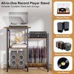 HYPIGO Record Player Stand with Power Outlets, Turntable Stand with Vinyl Record Storage Holds 300+ Albums, Record Player Table with Vinyl Display Holder for Living Room