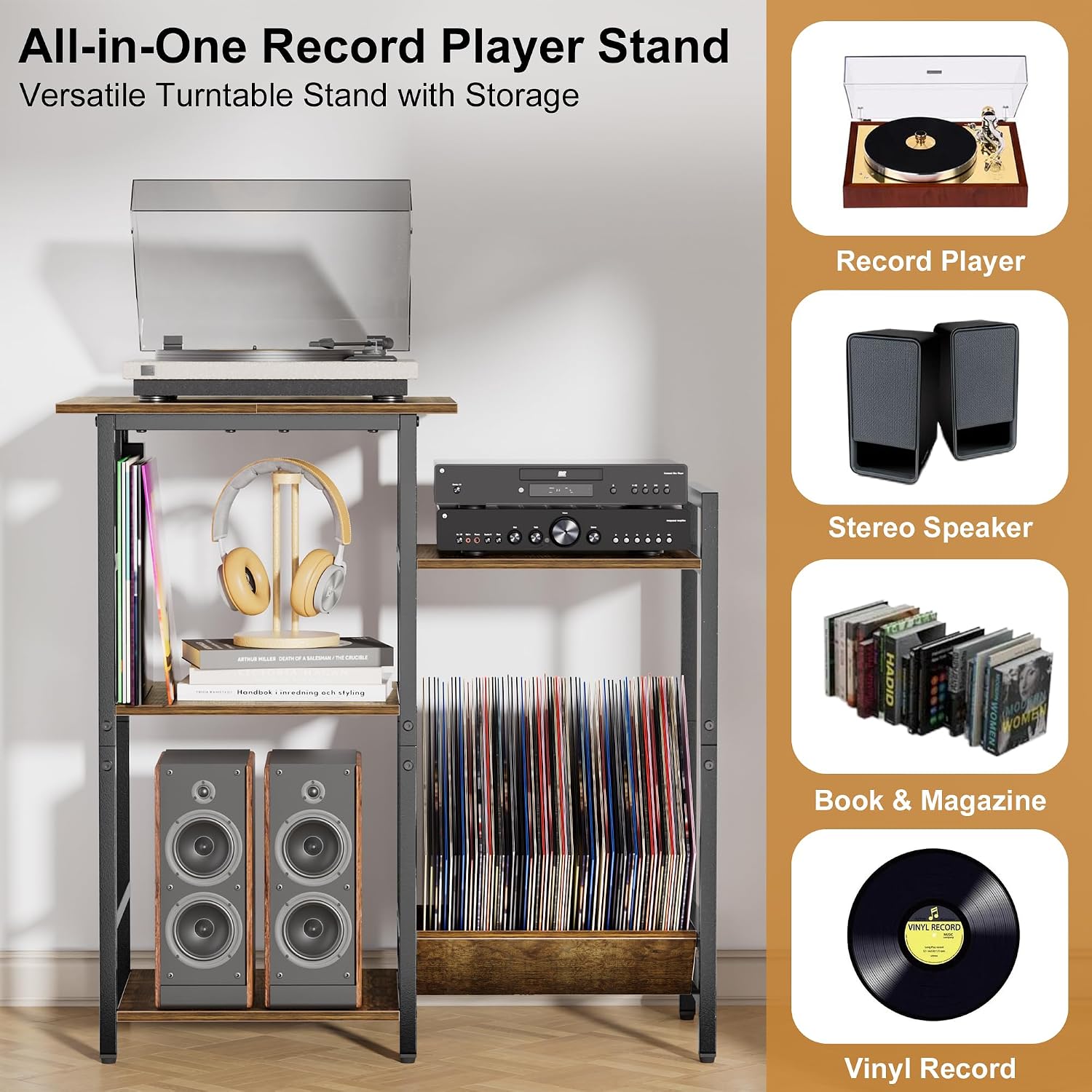 HYPIGO Record Player Stand with Power Outlets, Turntable Stand with Vinyl Record Storage Holds 300+ Albums, Record Player Table with Vinyl Display Holder for Living Room