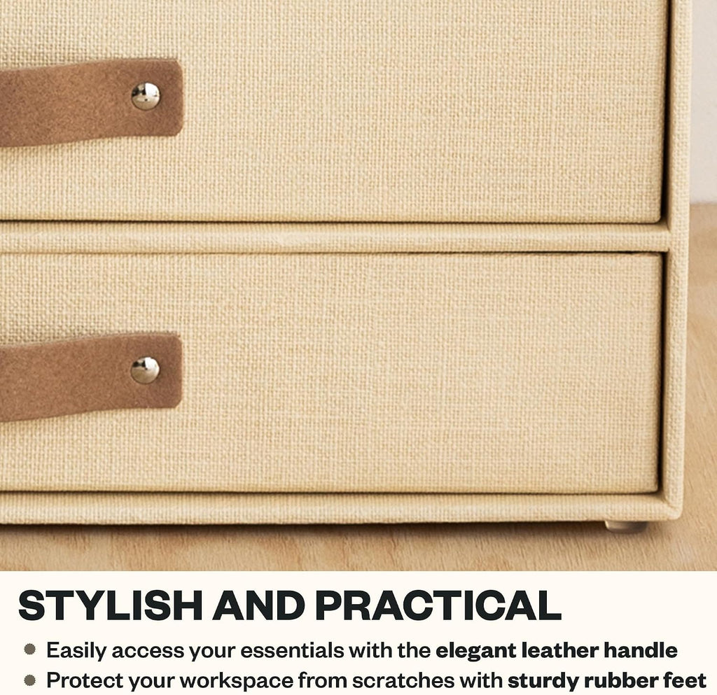 Bigso Birger 2 Drawers - Desktop Drawers for A4 and Letter Size Papers and Documents - Tabletop Drawers with Leather Handles - 13.1 in x 10 in x 5.7 in - Cream