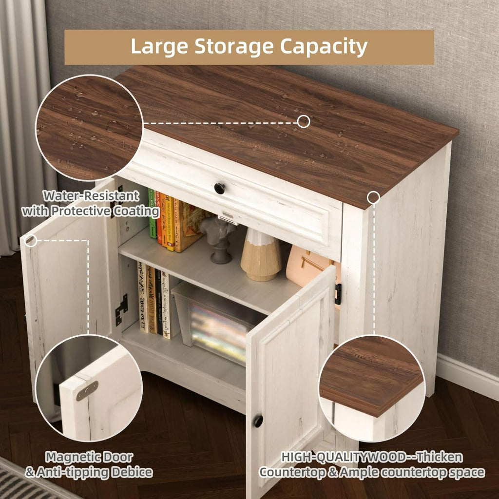 Buffet Cabinet with Storage and Drawer，Sideboard Coffee Bar with Adjustable Shelves and Doors, White Accent Cabinet Credenza Console Organizer Modern Coffee Bar for Kitchen Dining Room Living Room