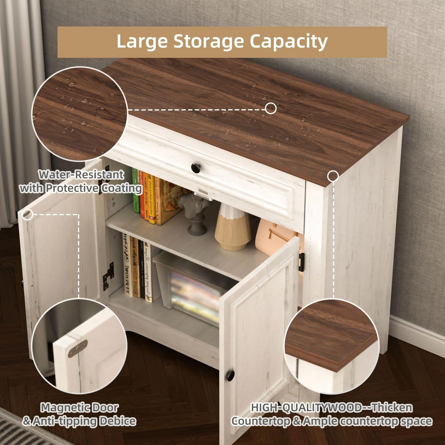 Buffet Cabinet with Storage and Drawer，Sideboard Coffee Bar with Adjustable Shelves and Doors, White Accent Cabinet Credenza Console Organizer Modern Coffee Bar for Kitchen Dining Room Living Room