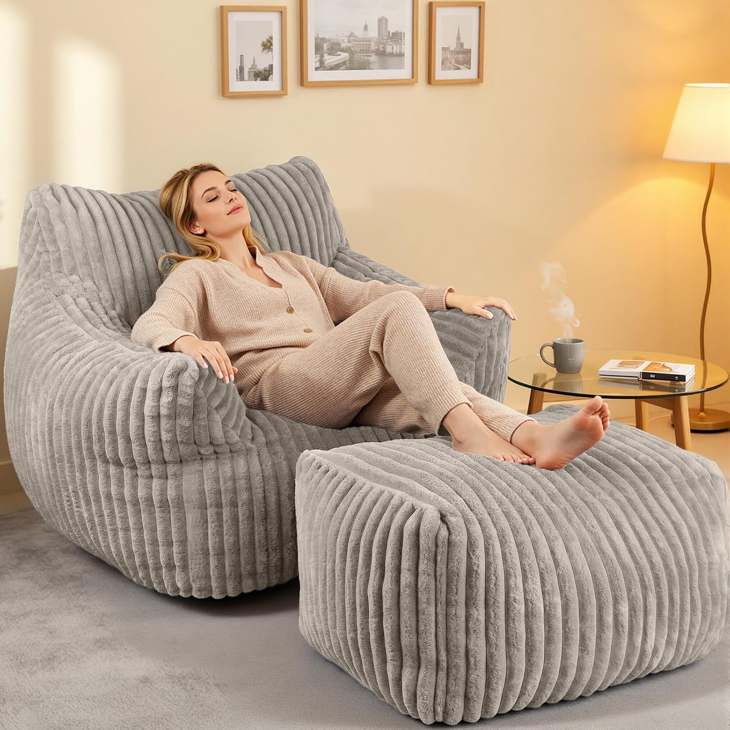 Giant Bean Bag Chair with Ottoman, Oversized Memory Foam Bean Bag Sofa for Adults and Kids, Large Comfy Fluffy Single Lounges Mini Couch for Living Room, Bedroom & Dorm(Taupe)