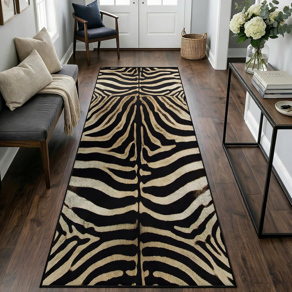 Zebra Print Runner Rug 2x6ft Vintage Animal Print Rug Runners, Bohemian Zebra Striped Runner Rugs Washable Non-Slip Carpet for Hallways Entryway Kitchen Modern Home Decor
