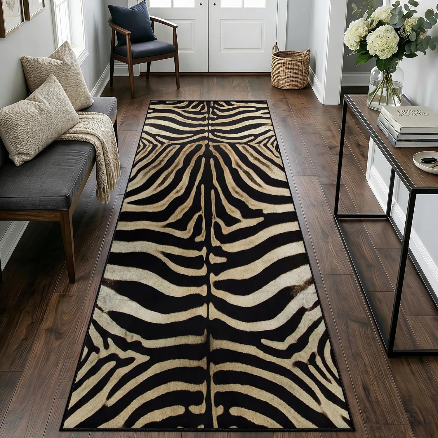 Zebra Print Runner Rug 2x6ft Vintage Animal Print Rug Runners, Bohemian Zebra Striped Runner Rugs Washable Non-Slip Carpet for Hallways Entryway Kitchen Modern Home Decor