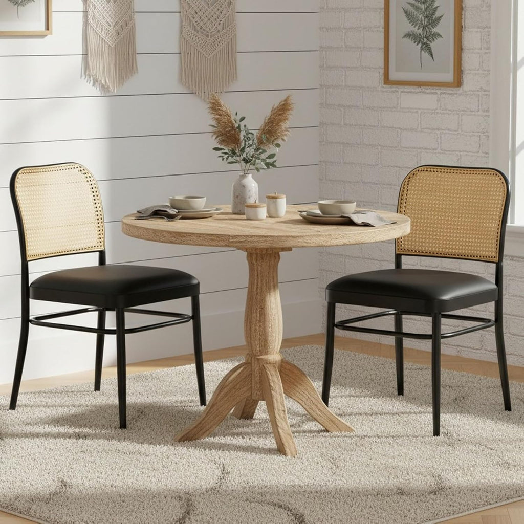 Rattan Dining Chairs Set of 4, Upholstered Faux Leather Dining Chairs with Cane Back, Mid Century Modern Kitchen & Dining Room Chairs, Boho Style, Black