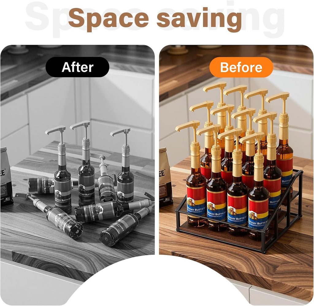 kimilus Coffee Syrup Organizer Rack, Liquor Bottle Display Shelf, 3 Tier 12 Syrup Bottles Holder Stand for Coffee Bar Kitchen Small Wine Rack for Family Storage for Syrup Wine Dressing