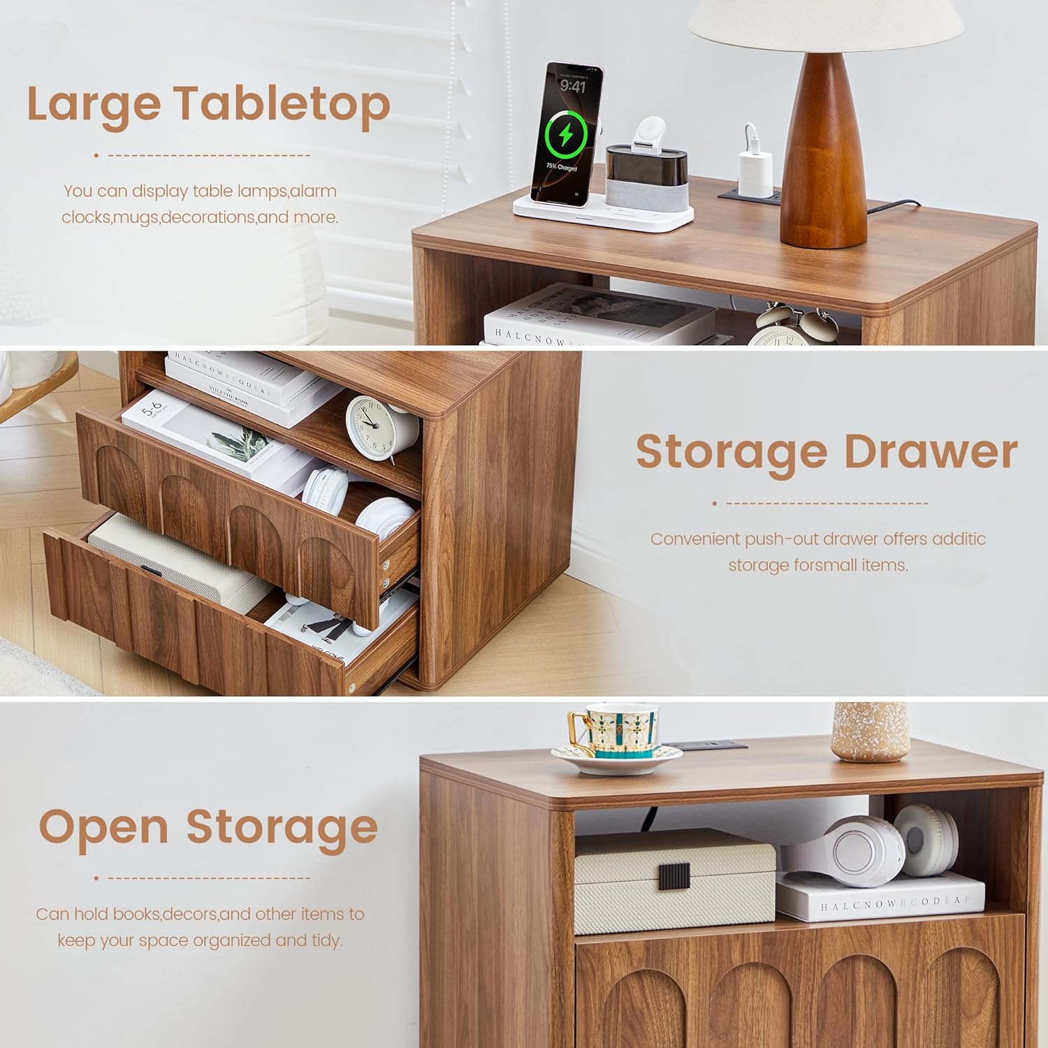 FurSch Mid Century Modern End Table with Charging Station Set of 2, 23.62” Wide Wood End Table & Nightstand with Arch Design Panel and Curved Edge for Living Room, Bedroom (Walnut-2 pcs)