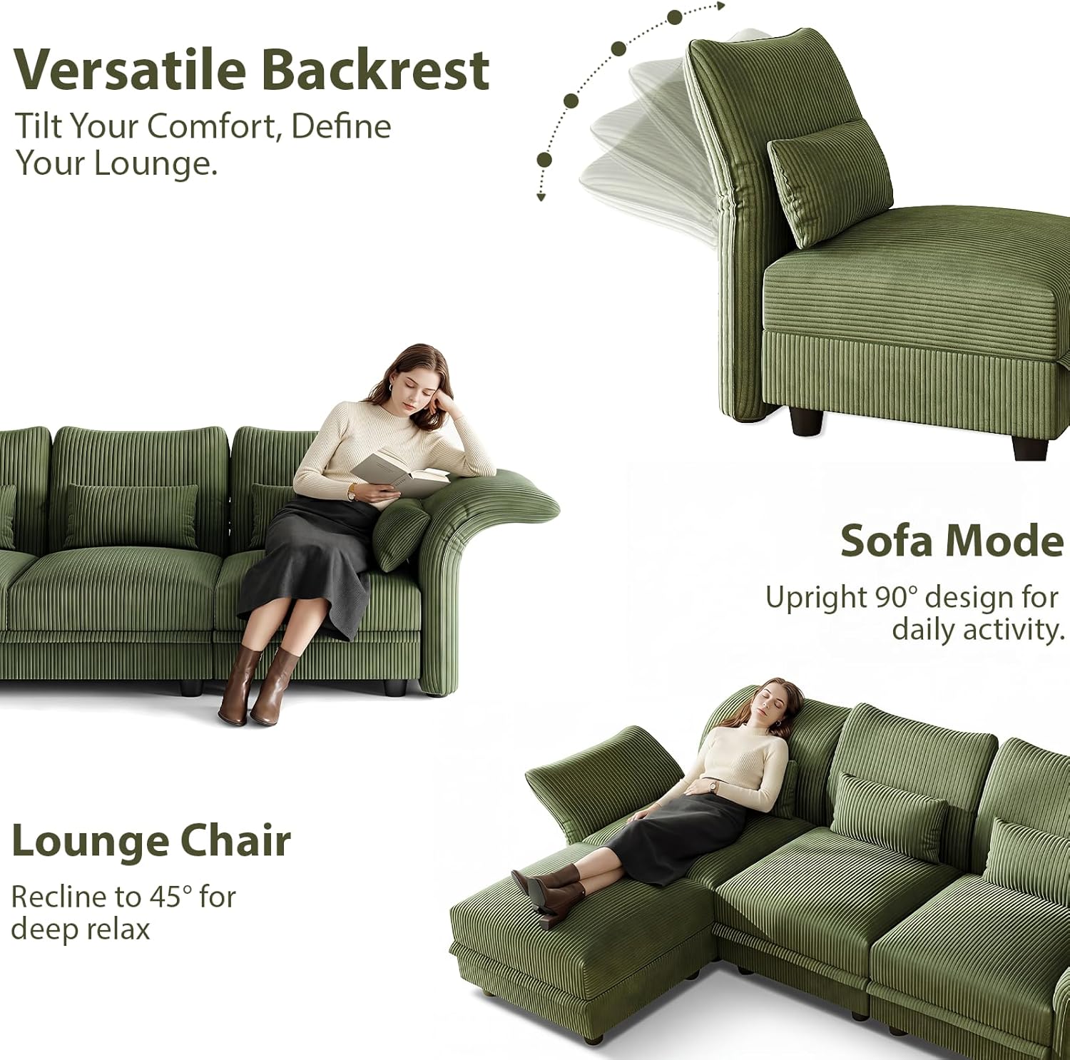 LLappuil Corduroy Sectional Sofa with Storage Ottoman, L Shaped Modular Sectional Couches for Living Room with Adjustable Arms Backs, Plush Supportive Cushions, 6 Seat, Green | Tool Free Assembly