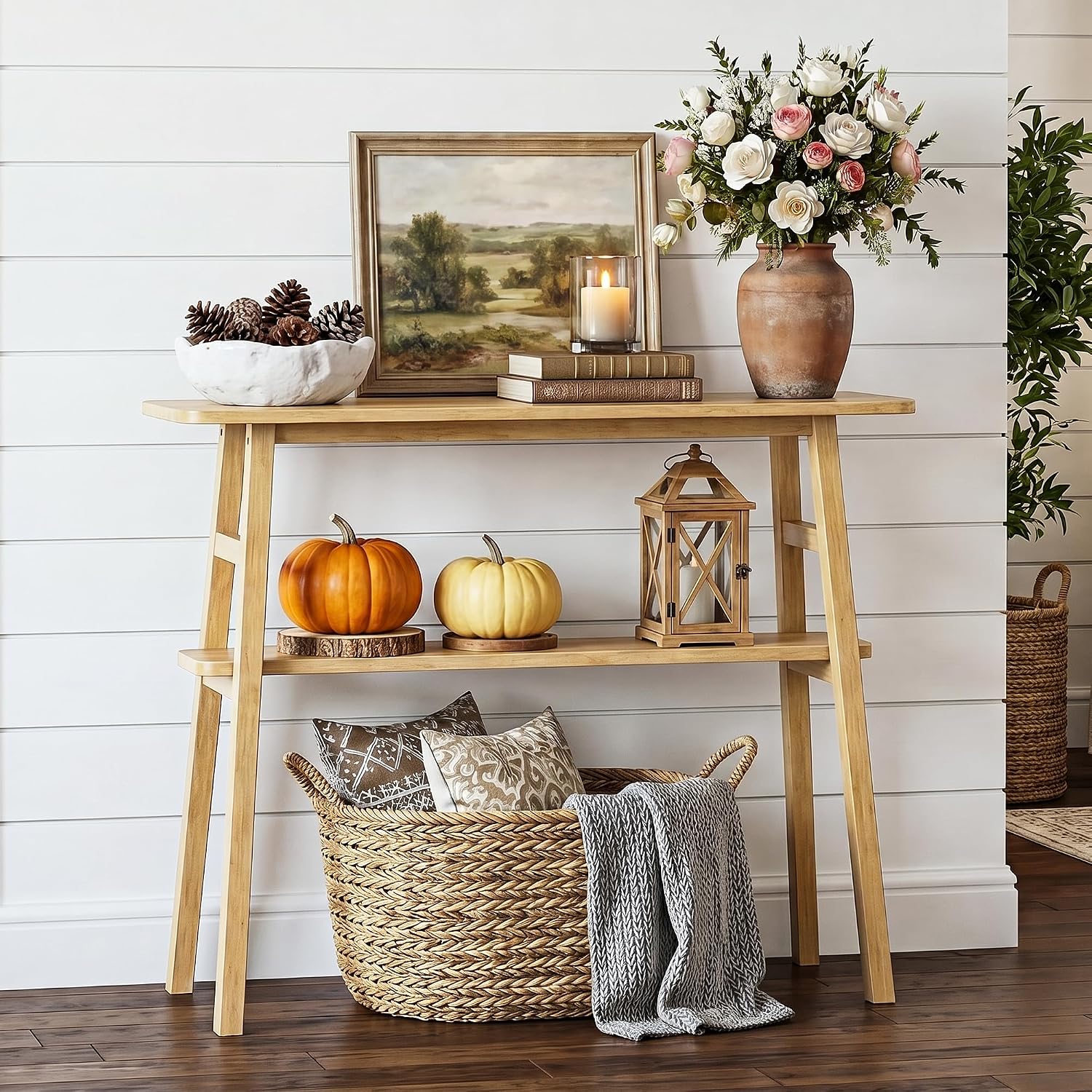 39.4" Solid Bamboo Entryway Console Table, Sofa Table Behind Couch, Narrow Bamboo Wood Entry Table with Storage Shelves for Living Room, Hallway，Modern, Easy Assembly, Natural