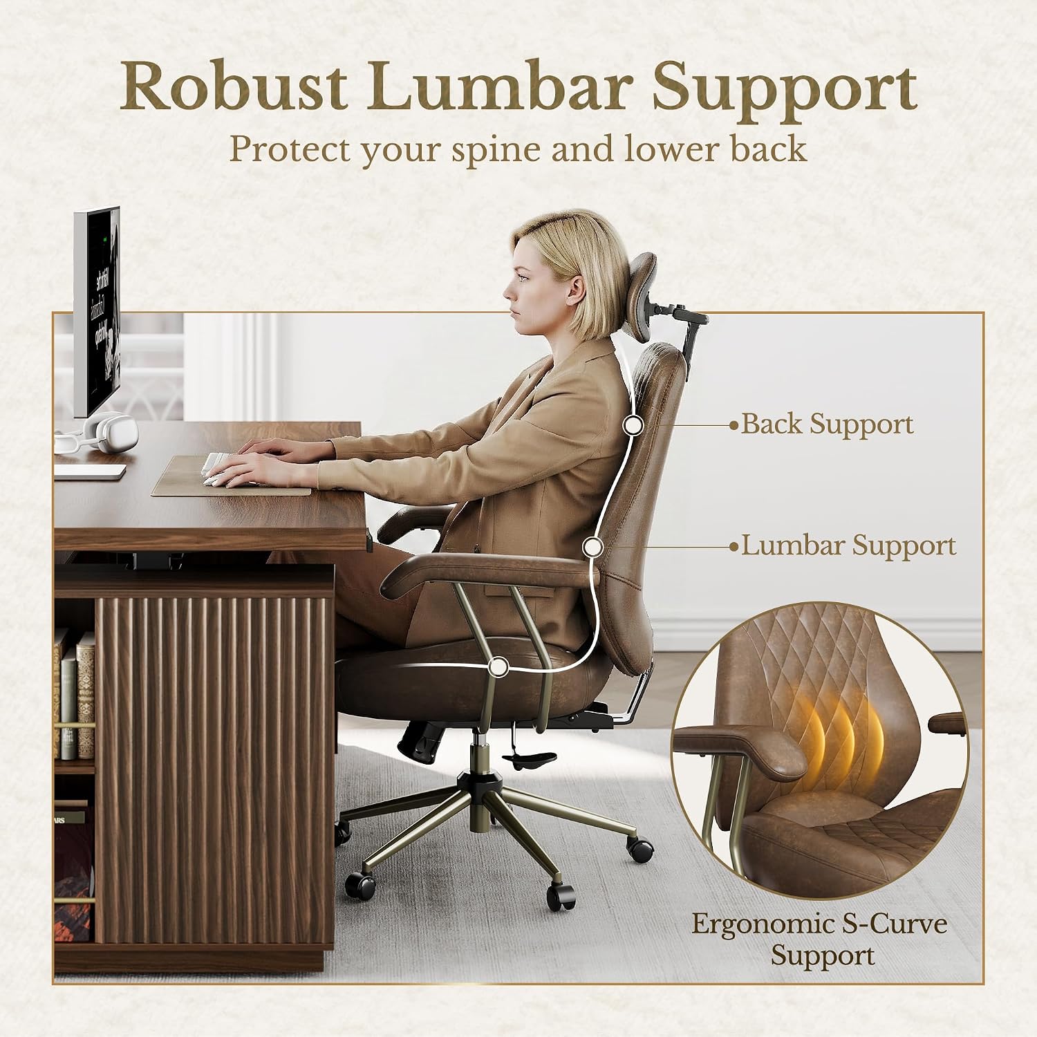 High Back Office Chair with Lumbar Support - Ergonomic Executive Desk Chair, Adjustable Swivel Computer Chair in Premium Faux Leather for Home Office Comfort, Brown