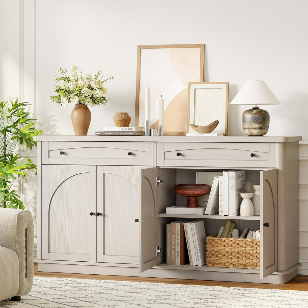 ONBRILL 63 Inch Buffet Cabinet with Storage, Curved Sideboard Cabinet with 2 Drawers and 4 Arched Doors, Storage Cabinets with Adjustable Shelves, Sideboard Buffet for Living Room, Kitchen, Grey Oak
