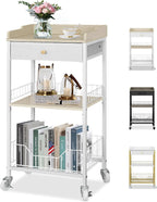 4-Tier Small Side Table with Storage Drawer, Tall Nightstand with Wheels & Basket, Rolling Bathroom Table for Small Spaces, Bedroom, Living Room, Dorm, White and Natural