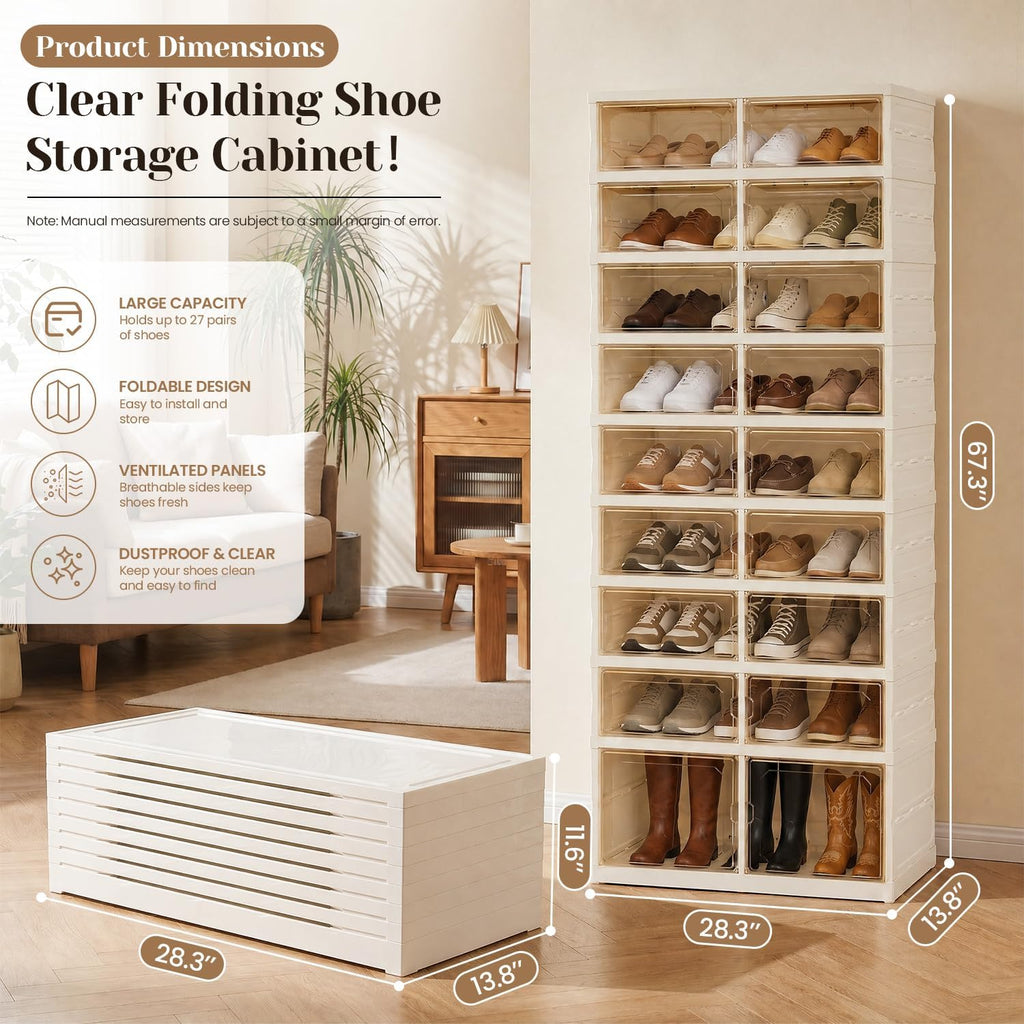 Foldable Shoe Rack with Doors, Stackable Plastic Shoe Organizer, Large Clear Shoe Storage Boxes for Closet and Entryway, Portable Collapsible Shoe Cabinet 9 Tiers, 27Pairs