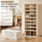 Foldable Shoe Rack with Doors, Stackable Plastic Shoe Organizer, Large Clear Shoe Storage Boxes for Closet and Entryway, Portable Collapsible Shoe Cabinet 9 Tiers, 27Pairs