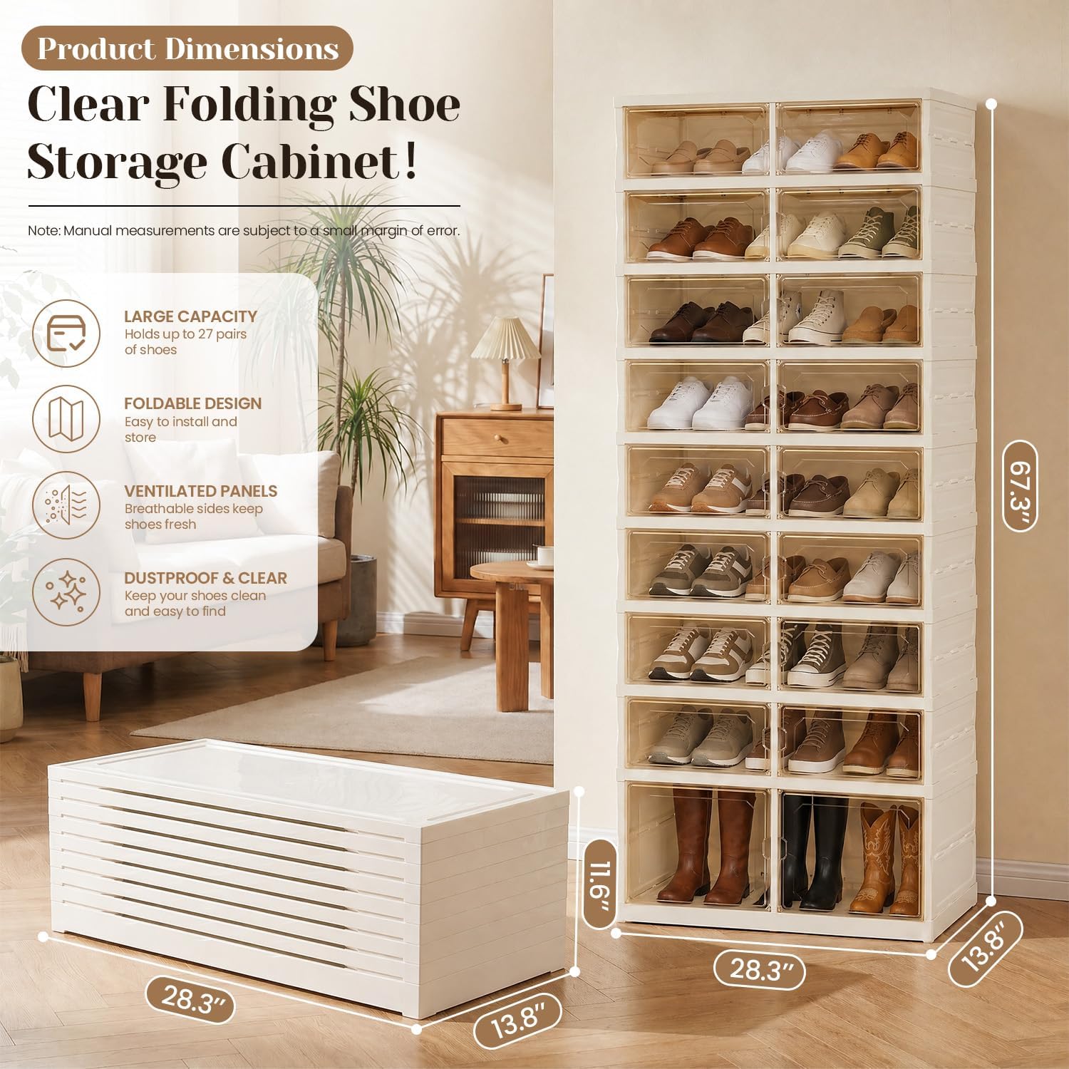 Foldable Shoe Rack with Doors, Stackable Plastic Shoe Organizer, Large Clear Shoe Storage Boxes for Closet and Entryway, Portable Collapsible Shoe Cabinet 9 Tiers, 27Pairs