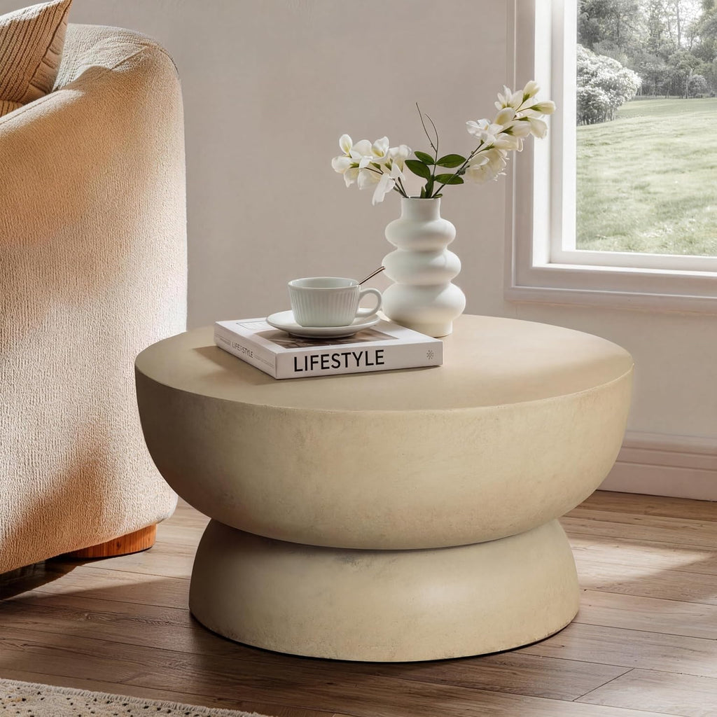 Round End Table, Modern Concrete Side Table with Sculptural Pedestal Base, Low Profile Accent Table for Living Room Bedroom Patio, 23.8" Beige