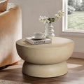 Round End Table, Modern Concrete Side Table with Sculptural Pedestal Base, Low Profile Accent Table for Living Room Bedroom Patio, 23.8" Beige