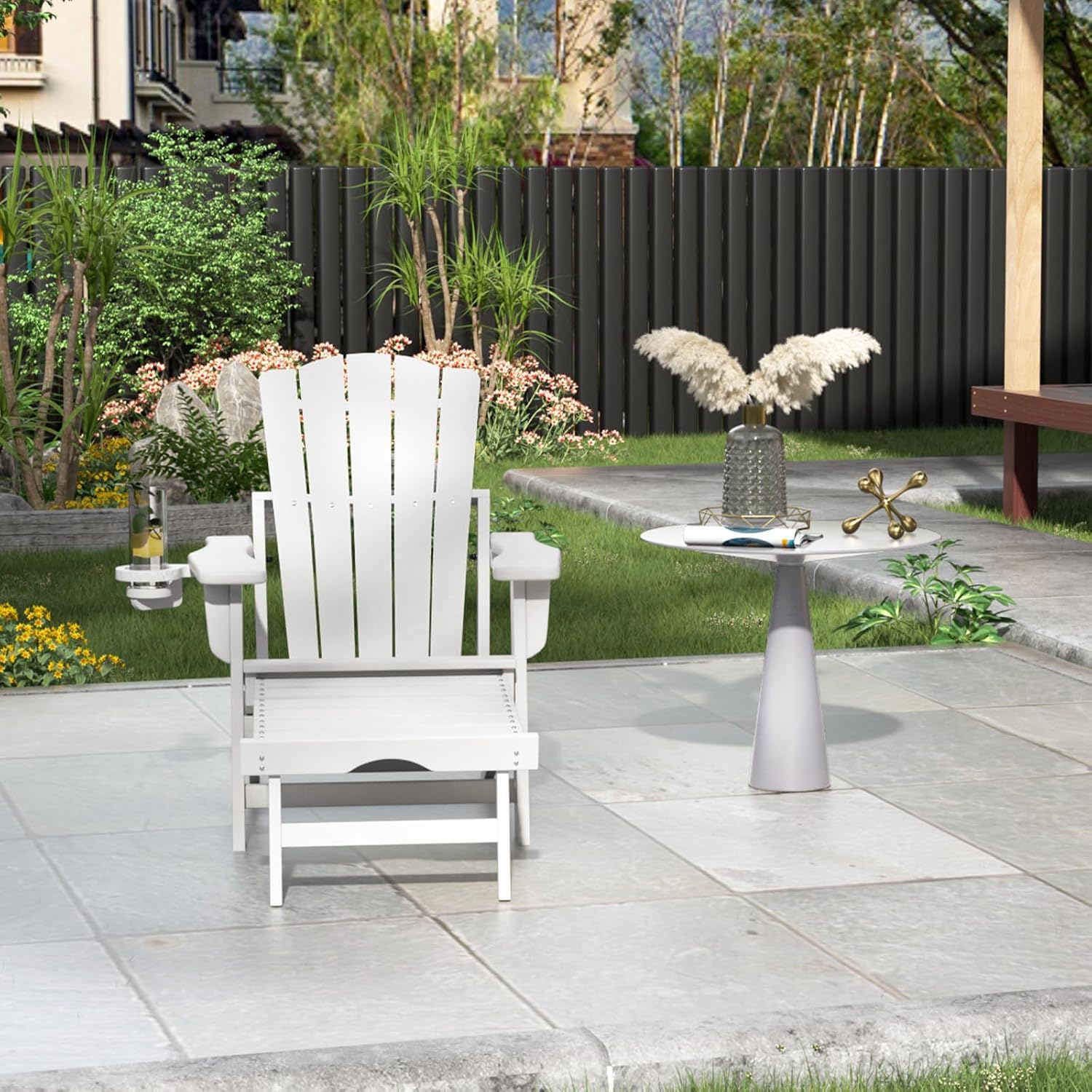 LETKIND Folding Adirondack Chair with Retractable Ottoman Set of 2, All Weather Fire Pit Chairs with Cup Holder, Outdoor Chair with Ottoman,White