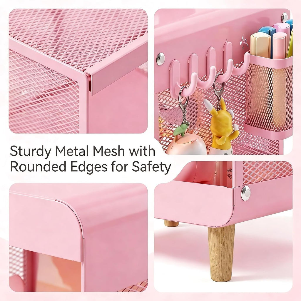 SYKIARIOL Kids Nightstand for Girls, 3-Tier Storage Shelf, Pink | Metal Bedside Table with 4 Hooks & Hanging Basket, Toddler Night Stand for Bedroom