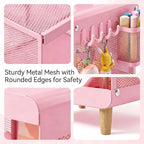 SYKIARIOL Kids Nightstand for Girls, 3-Tier Storage Shelf, Pink | Metal Bedside Table with 4 Hooks & Hanging Basket, Toddler Night Stand for Bedroom