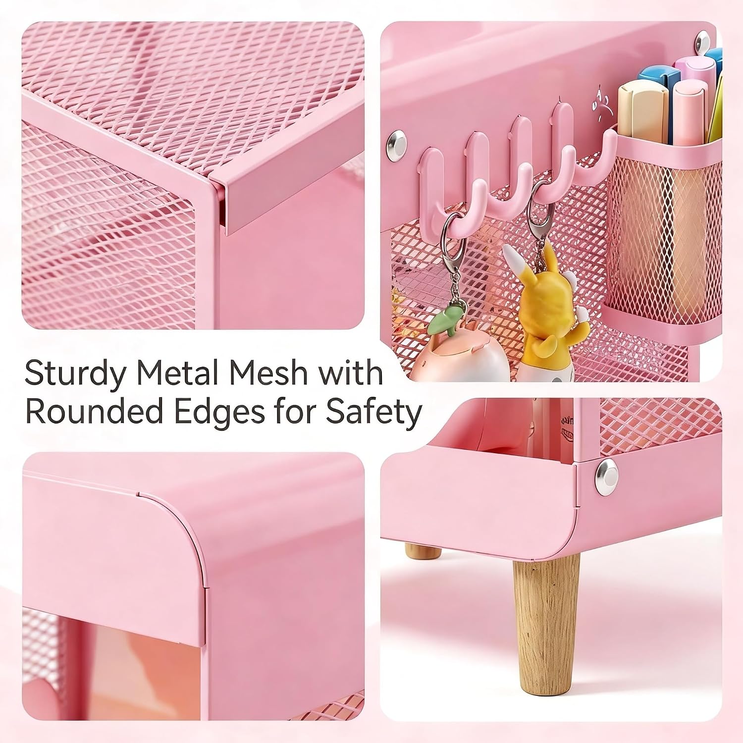 SYKIARIOL Kids Nightstand for Girls, 3-Tier Storage Shelf, Pink | Metal Bedside Table with 4 Hooks & Hanging Basket, Toddler Night Stand for Bedroom