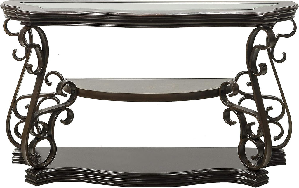 SSLine Vintage Wood Console Table Elegant Curved Rectangle Entryway Table with Tempered Glass Top & Marble Shelf Traditional 3-Tier Hallway Tables for Living Room Entrance(Dark Brown)